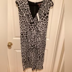 Shape Fx, black leopard dress, Size 14, sleeveless, built in belt
